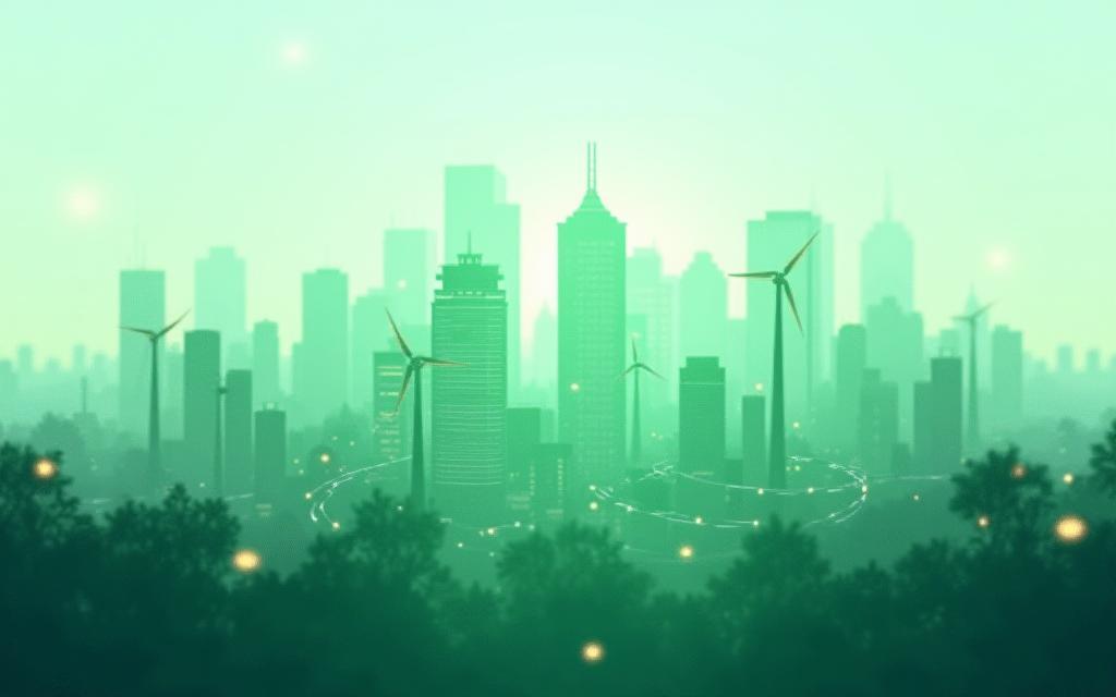 Modern green city skyline with renewable energy and smart meters